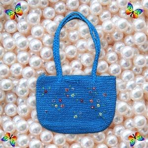 Blue Basket Weave Rainbow Floral Embroidered Purse